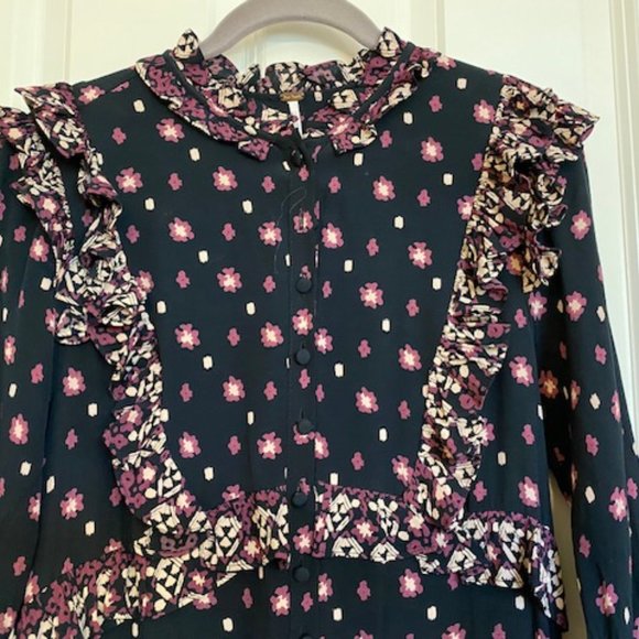 Free People Calico Skies Ruffle Button Down Midi Dress Floral Black/Purple XS - Picture 4 of 16
